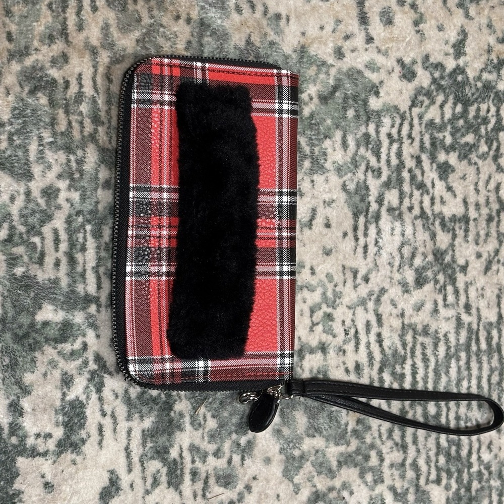 Tartan Pattern Women's Hand Wallet With Fur Handle EUC